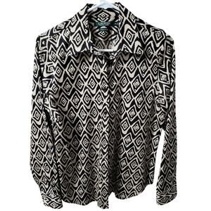 Lauren Ralph Lauren Black and Tan Geometric Non-Iron Button Up Top - M